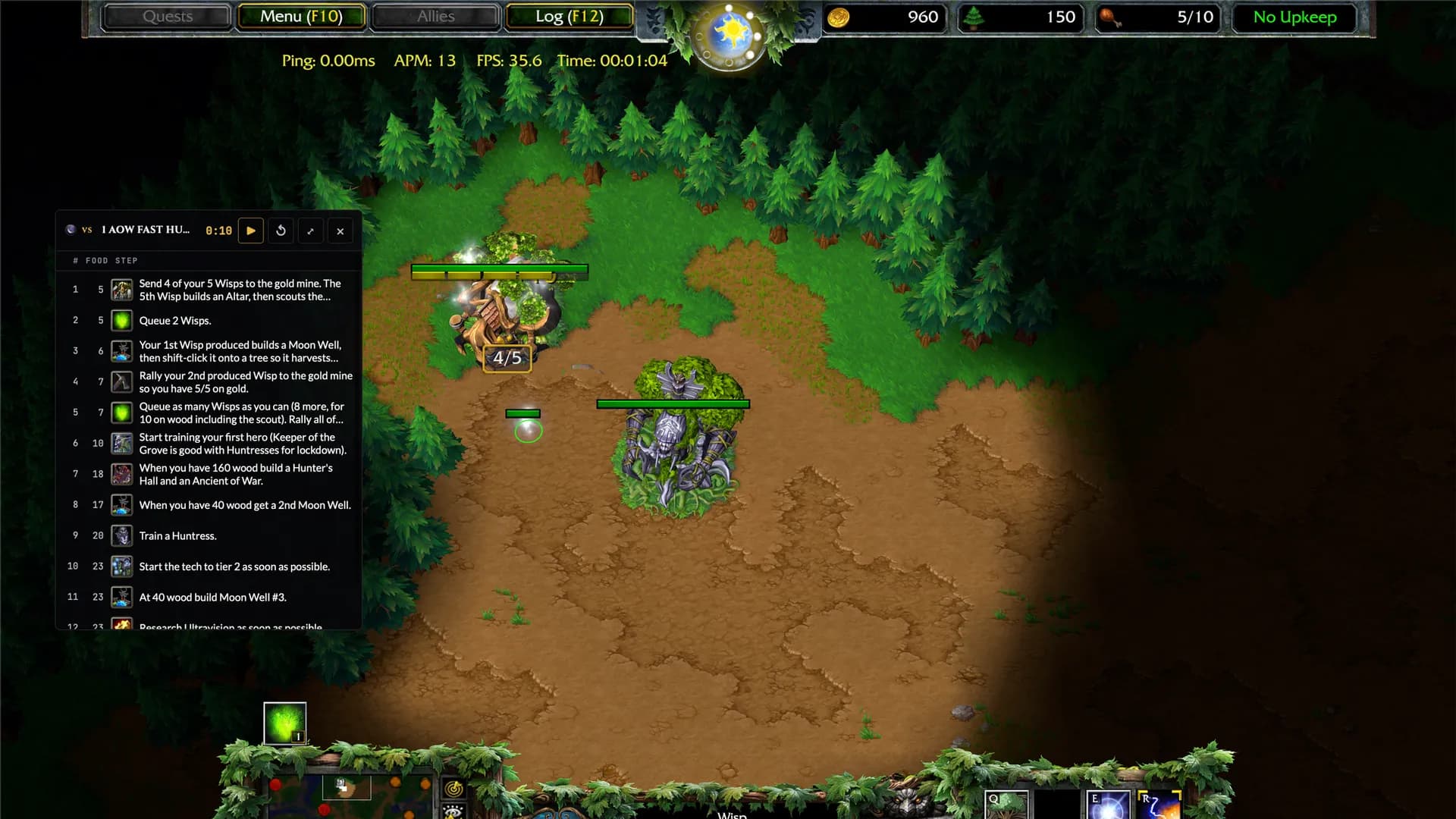 The overlay panel floating over a Warcraft III game: a Night Elf base at 0:10 with the build's steps, icons and food counts listed on the left.