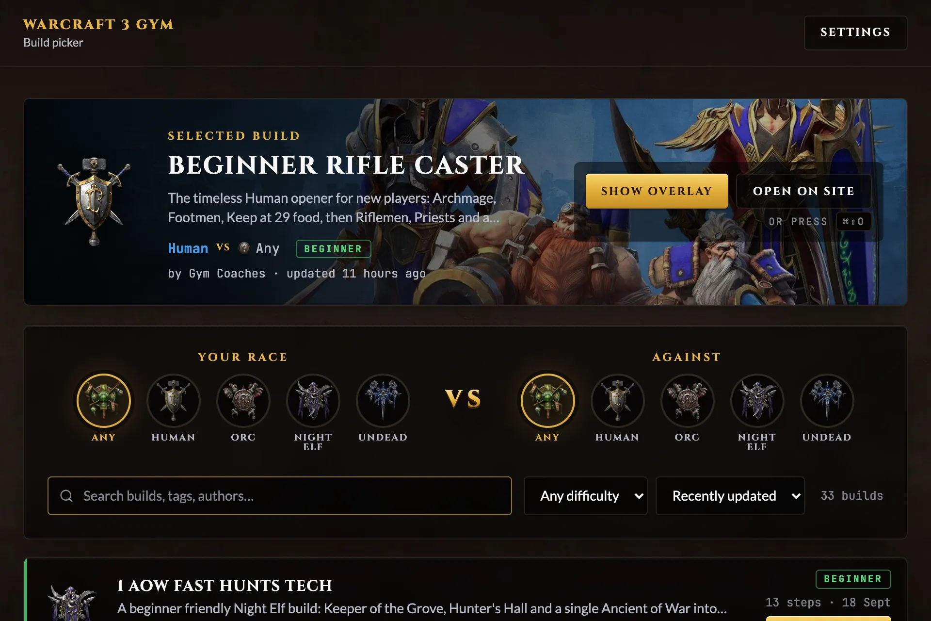 The overlay's build picker window: race filters, search and the list of builds with a Use in game button on each.